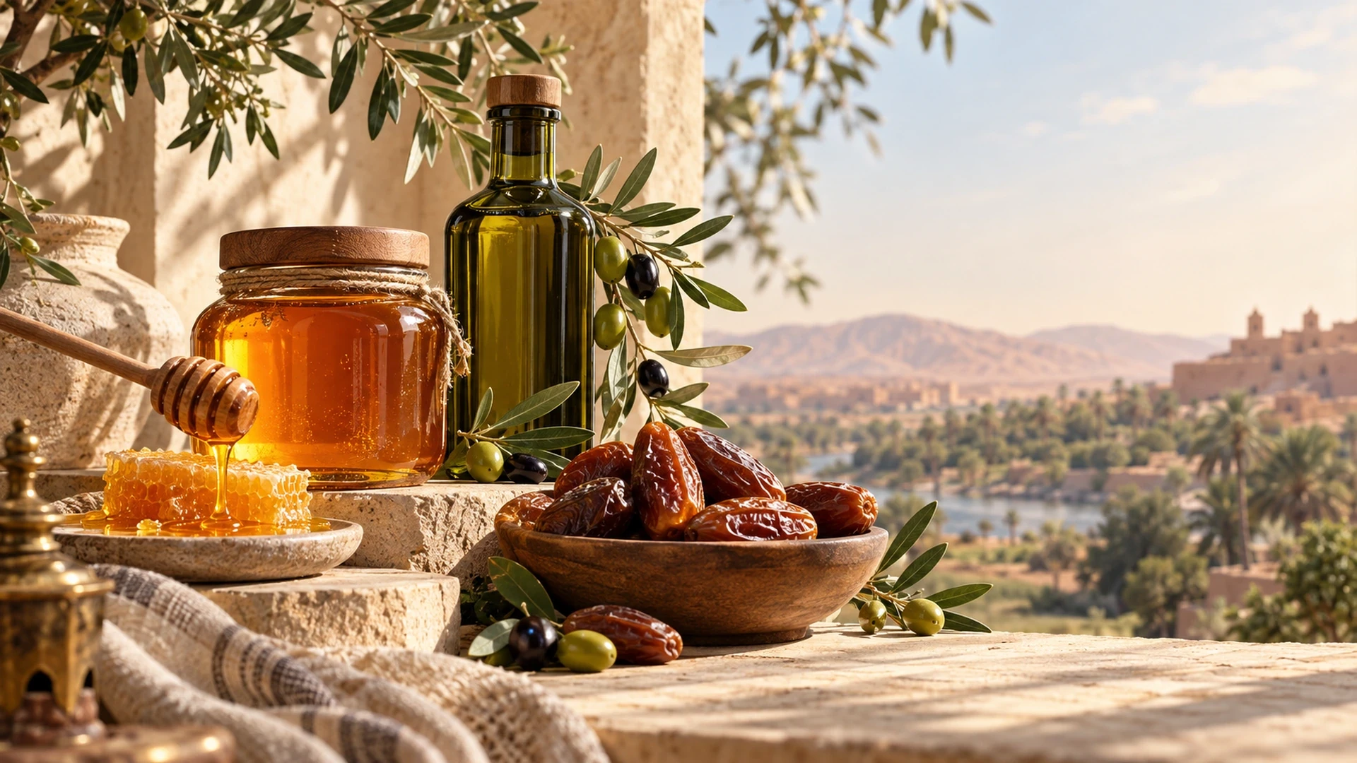 مشهد من العسل والتمور وزيت الزيتون في ضوء طبيعي دافئ